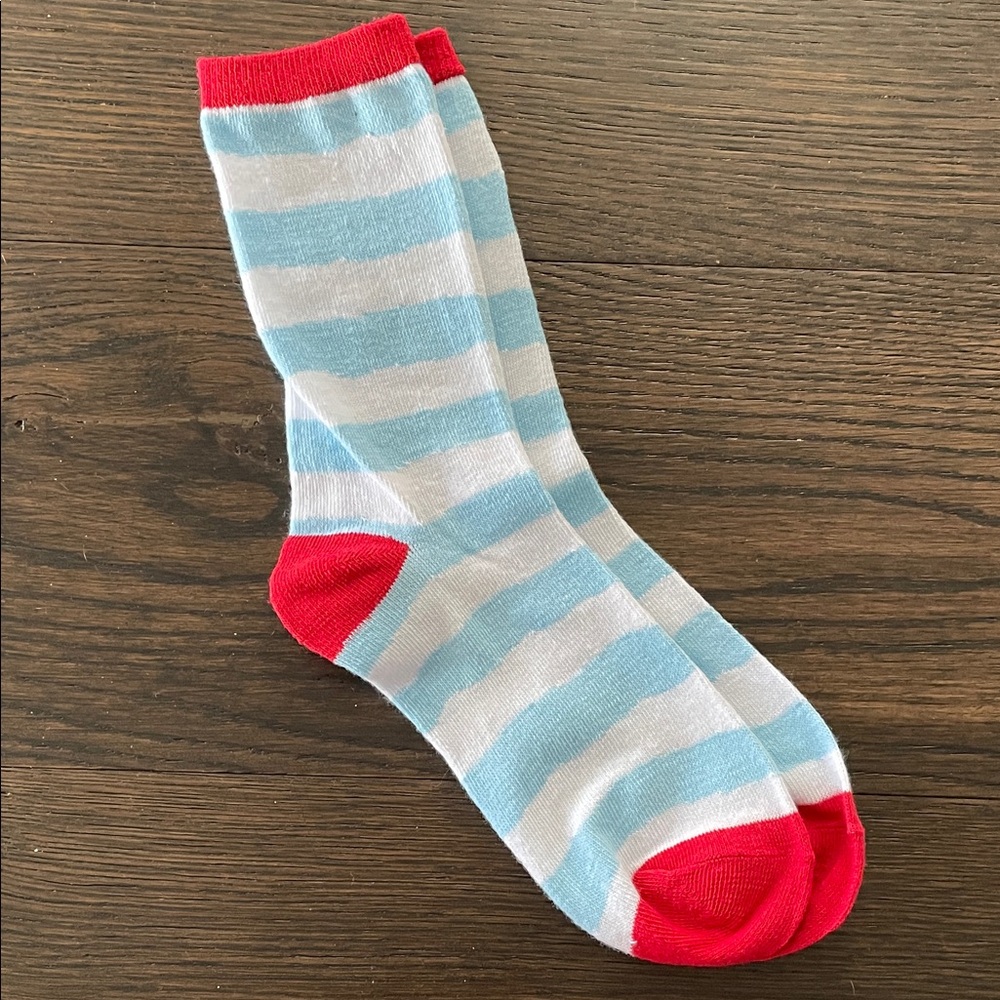 Striped Blue and White Socks with Red Accents, NWOT